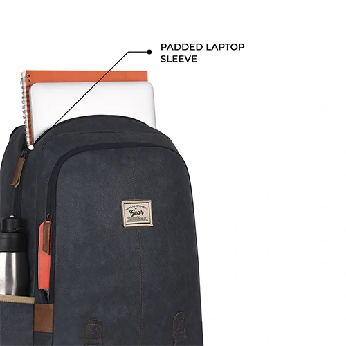 Gear Classic Faux Leather Navy Blue Tan Laptop Backpack