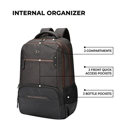Gear Quantum 3 Anti-Theft Faux Leather Brown-Black Laptop Backpack, With Raincover