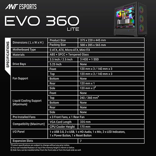 Ant Esports EVO 360 Lite ARGB E-ATX Mid Tower Case