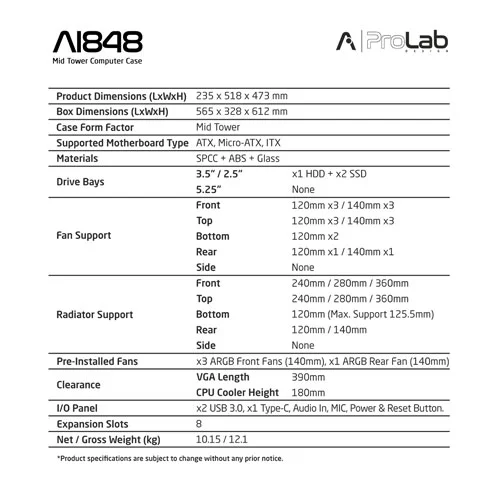 ProLab Design AI848 ARGB ATX Mid Tower Case