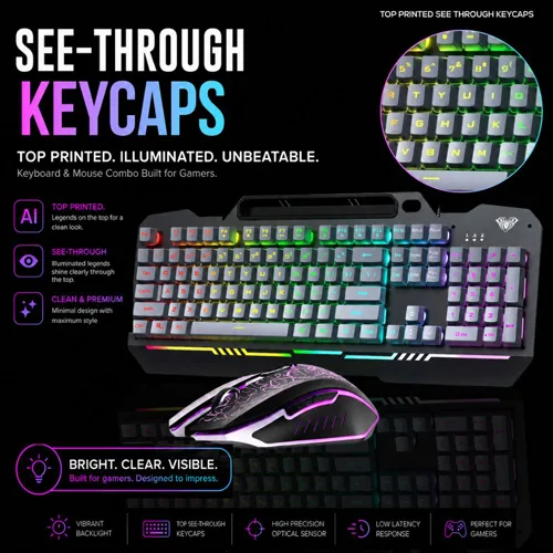 Aula T102 Gaming Keyboard and Mouse Combo With Black Panel Grey Keycaps