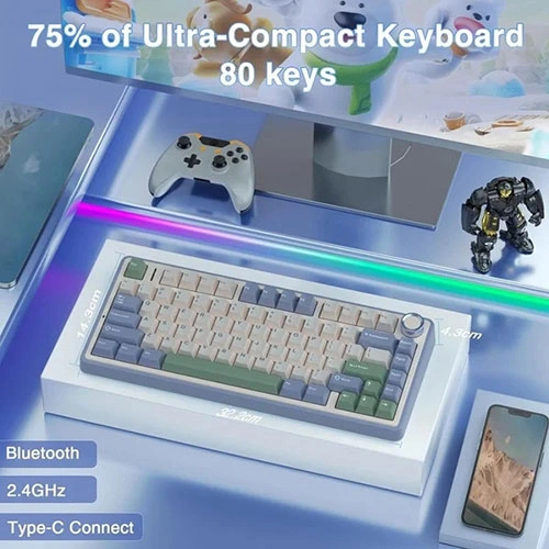 Aula F75 Wireless Tri Mode RGB 75 Percent Mechanical Gaming Cedar Green Keyboard With Ice Vein Switch