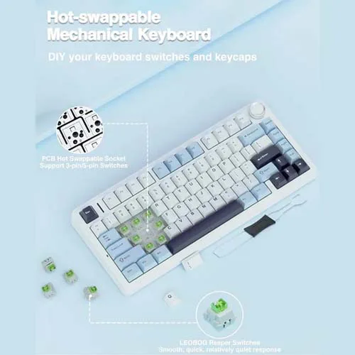 Aula F75 Wireless Tri Mode RGB Ice Blue 75 Percent Mechanical Gaming Keyboard With Reaper Switch