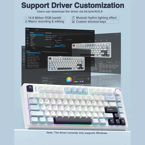 Aula F75 Wireless Tri Mode RGB 75 Percent Mechanical Gaming White and Blue Keyboard With Ice Vein Switch
