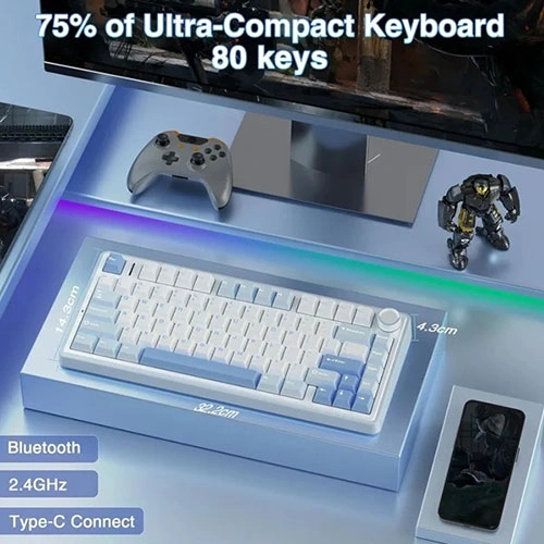 Aula F75 Wireless Tri Mode RGB 75 Percent Mechanical Gaming Sea Blue Keyboard With Graywood Switch