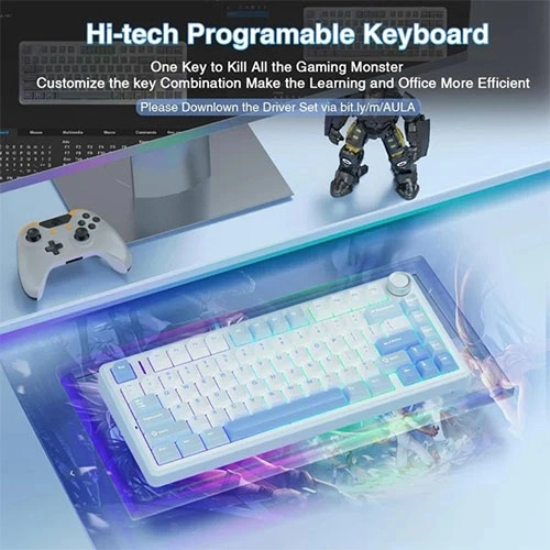 Aula F75 Wireless Tri Mode RGB 75 Percent Mechanical Gaming Sea Blue Keyboard With Graywood Switch