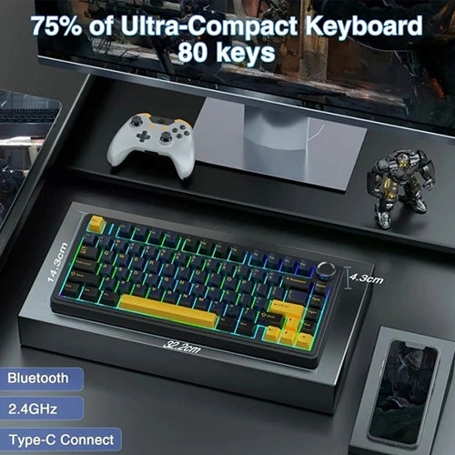 Aula F75 Wireless Tri Mode RGB 75 Percent Mechanical Gaming Thunder Black Keyboard With Graywood Switch