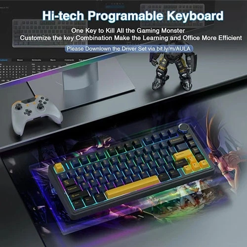 Aula F75 Wireless Tri Mode RGB 75 Percent Mechanical Gaming Thunder Black Keyboard With Graywood Switch