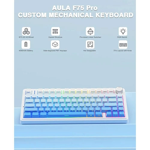 Aula F75 Side Engraved Keycaps Wireless Tri Mode RGB 75 Percent Mechanical Gaming Gradient Blue Keyboard With Star Vector Switch