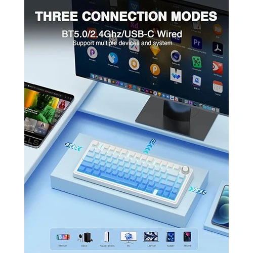 Aula F75 Side Engraved Keycaps Wireless Tri Mode RGB 75 Percent Mechanical Gaming Gradient Blue Keyboard With Star Vector Switch