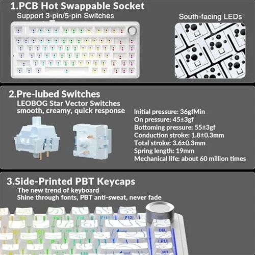 Aula F75 Wireless Tri Mode RGB 75 Percent Mechanical White Gaming Keyboard With Star Vector Switch