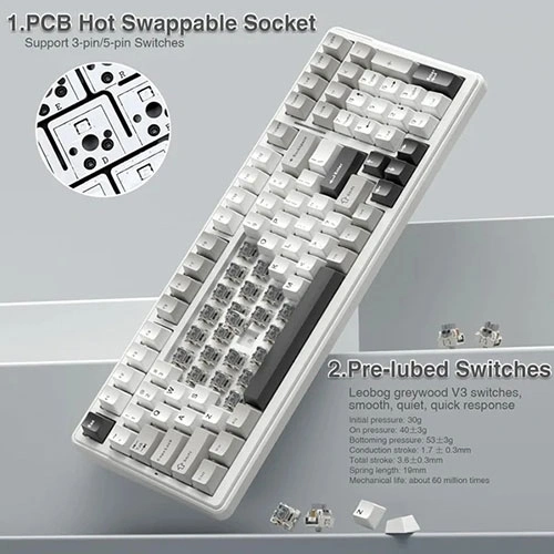 Aula F99 Tri Mode RGB Mechanical Gaming Grey White Keyboard With Graywood Switches