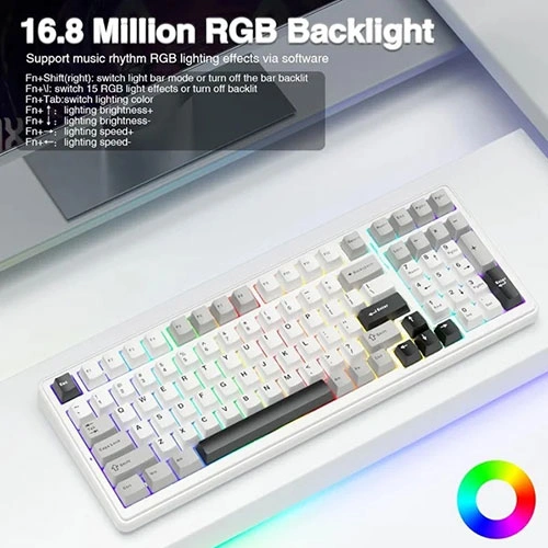 Aula F99 Tri Mode RGB Mechanical Gaming Grey White Keyboard With Graywood Switches