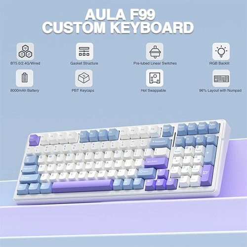 Aula F99 Tri Mode Wireless RGB Mechanical Gaming Blue White Keyboard With Crescent Switch
