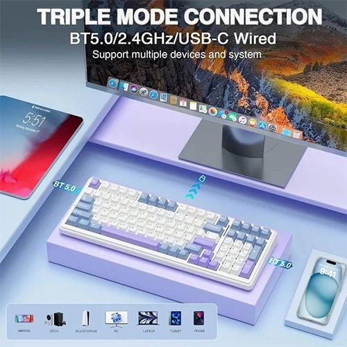 Aula F99 Tri Mode Wireless RGB Mechanical Gaming Blue White Keyboard With Crescent Switch