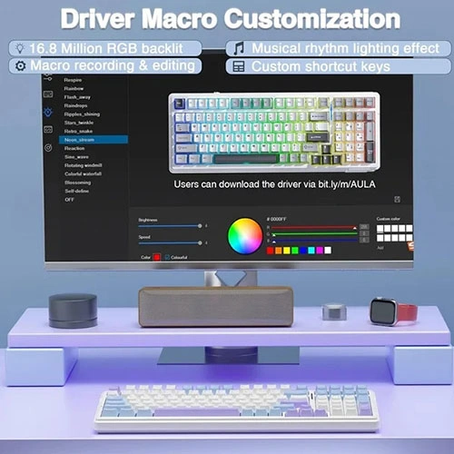 Aula F99 Tri Mode Wireless RGB Mechanical Gaming Blue White Keyboard With Crescent Switch