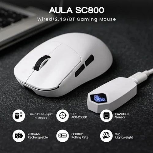 Aula SC800 Tri-Mode Wireless White Gaming Mouse